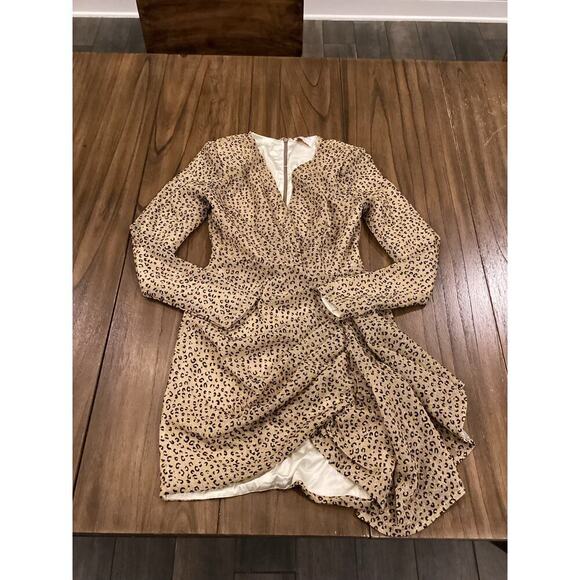 Miss Circle Asymmetrical Leopard Metallic Mini Long Sleeve V Neck Ruched Dress S - Picture 13 of 15